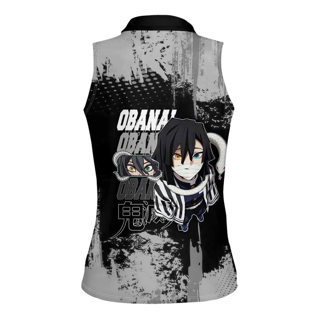 Obanai Iguro Demon Slayer Monochrome Women Sleeveless Polo Shirt Design with Snake and Grunge Texture - The Mazicc