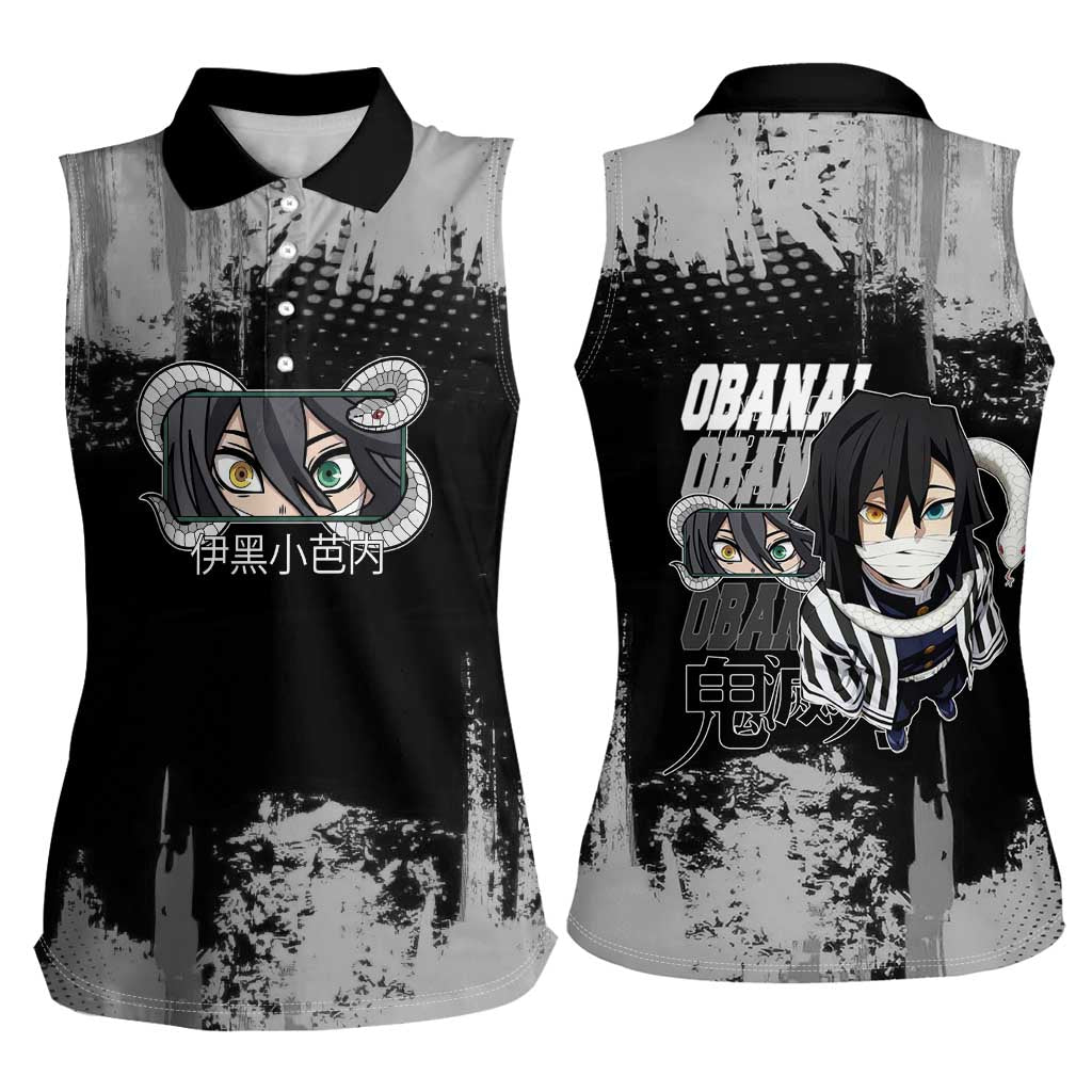 Obanai Iguro Demon Slayer Monochrome Women Sleeveless Polo Shirt Design with Snake and Grunge Texture - The Mazicc