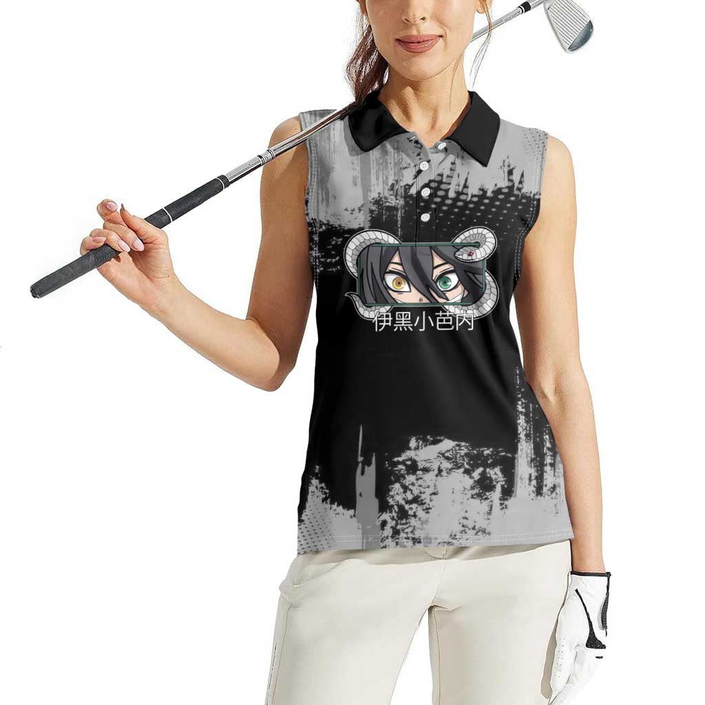 Obanai Iguro Demon Slayer Monochrome Women Sleeveless Polo Shirt Design with Snake and Grunge Texture - The Mazicc