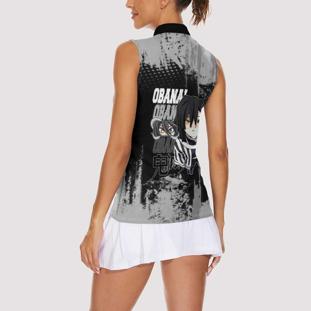 Obanai Iguro Demon Slayer Monochrome Women Sleeveless Polo Shirt Design with Snake and Grunge Texture - The Mazicc