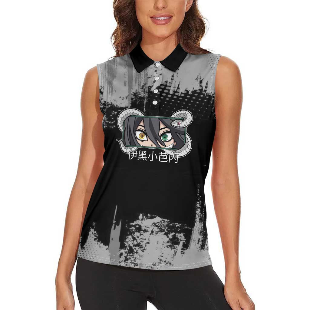 Obanai Iguro Demon Slayer Monochrome Women Sleeveless Polo Shirt Design with Snake and Grunge Texture - The Mazicc