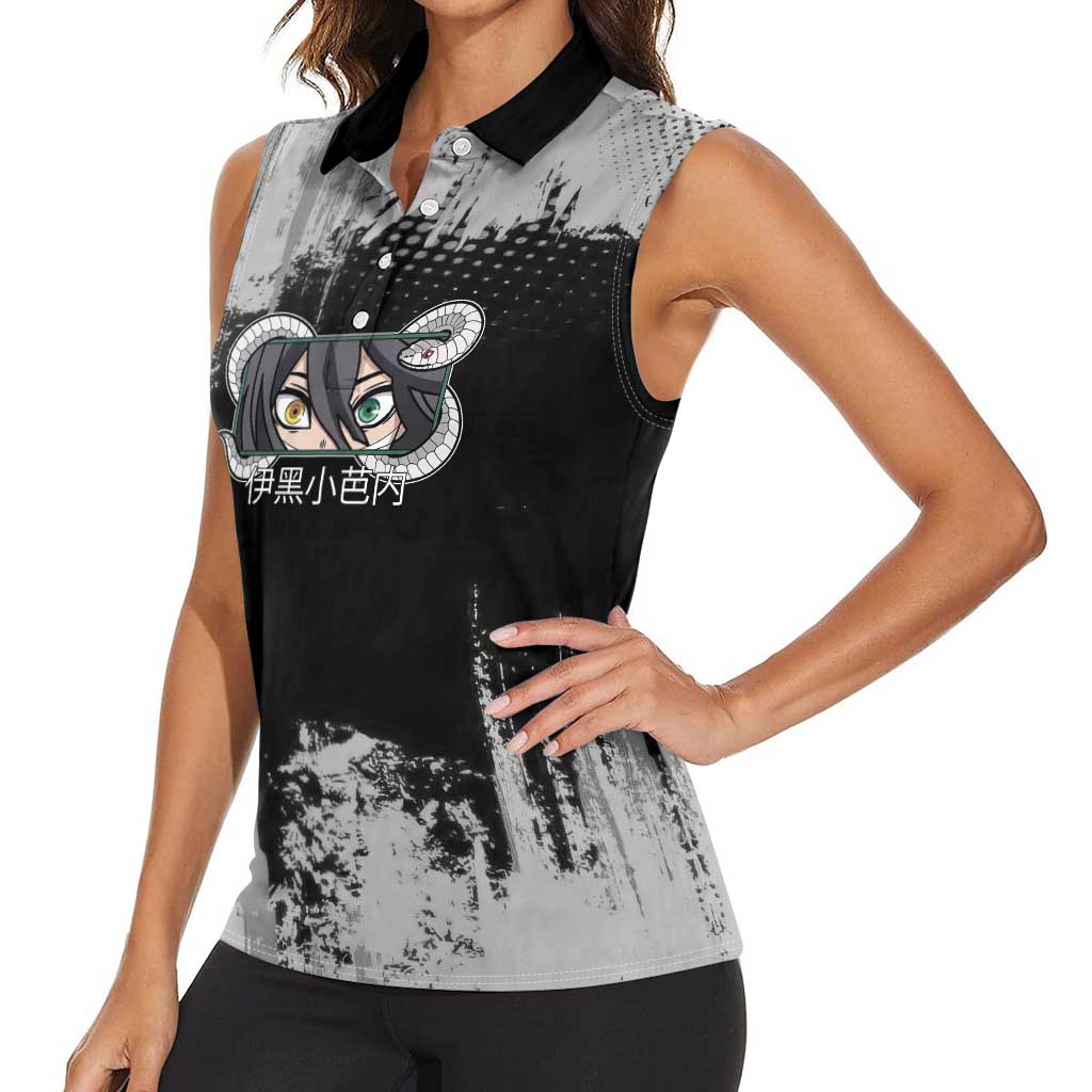 Obanai Iguro Demon Slayer Monochrome Women Sleeveless Polo Shirt Design with Snake and Grunge Texture - The Mazicc