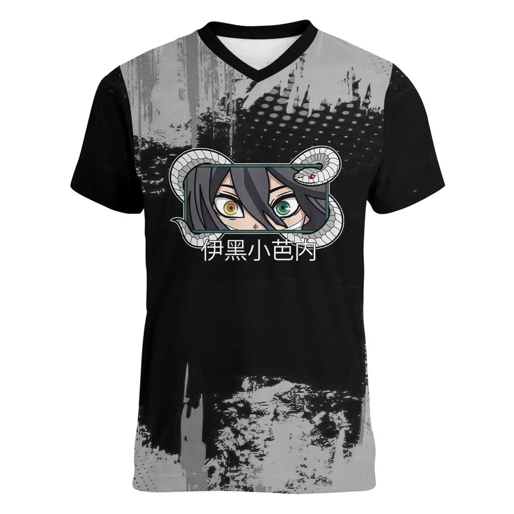 Obanai Iguro Demon Slayer Monochrome Women V-Neck T-Shirt Design with Snake and Grunge Texture - The Mazicc