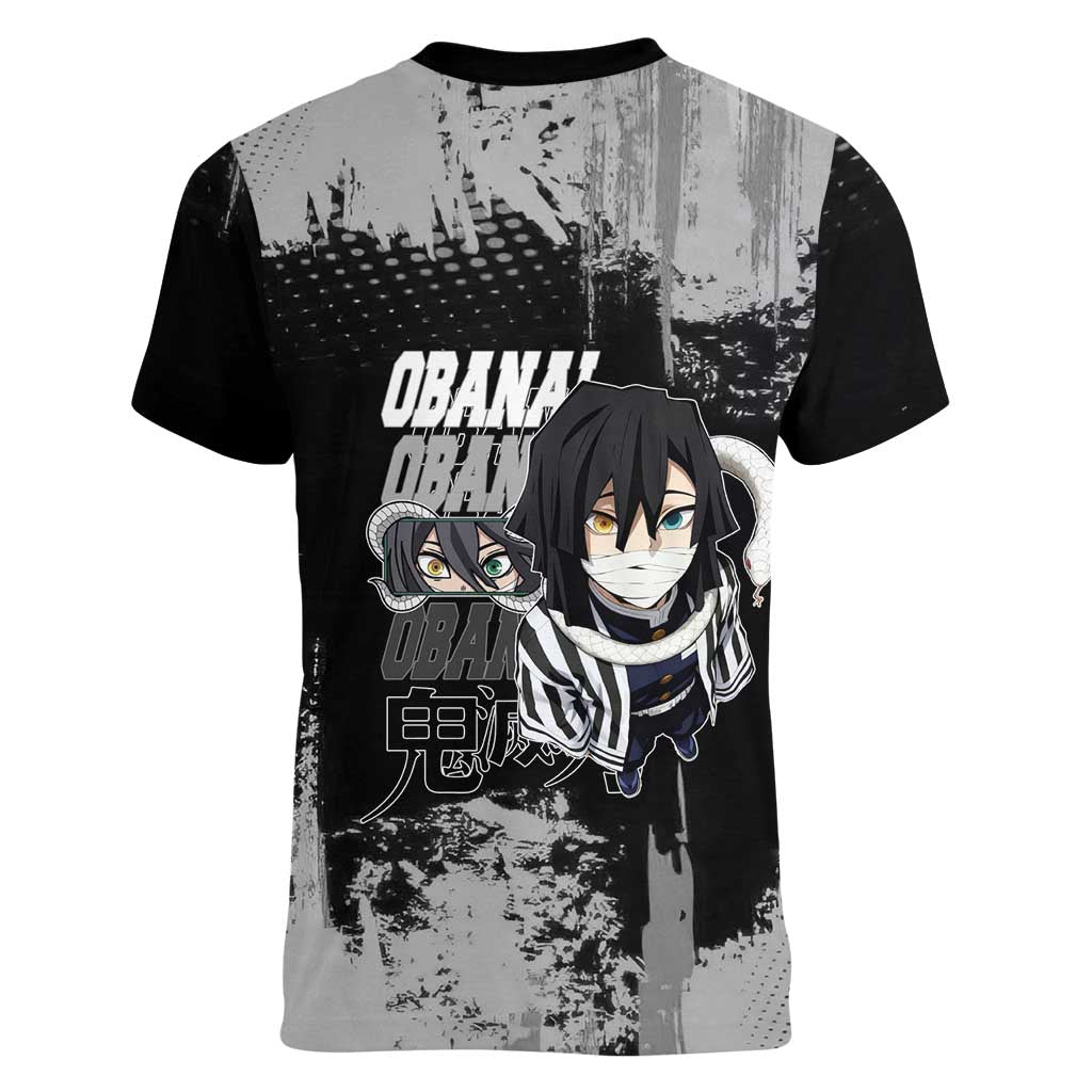 Obanai Iguro Demon Slayer Monochrome Women V-Neck T-Shirt Design with Snake and Grunge Texture - The Mazicc