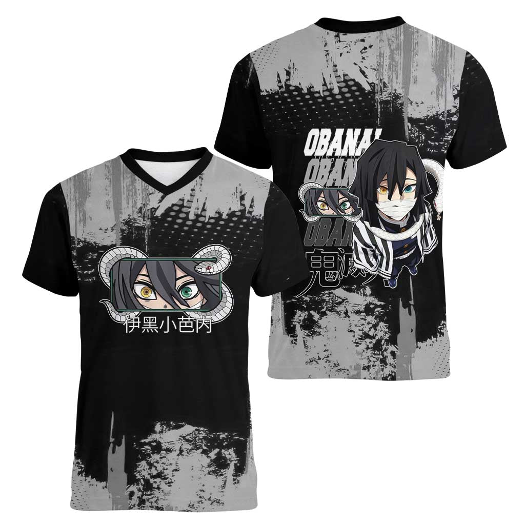 Obanai Iguro Demon Slayer Monochrome Women V-Neck T-Shirt Design with Snake and Grunge Texture - The Mazicc