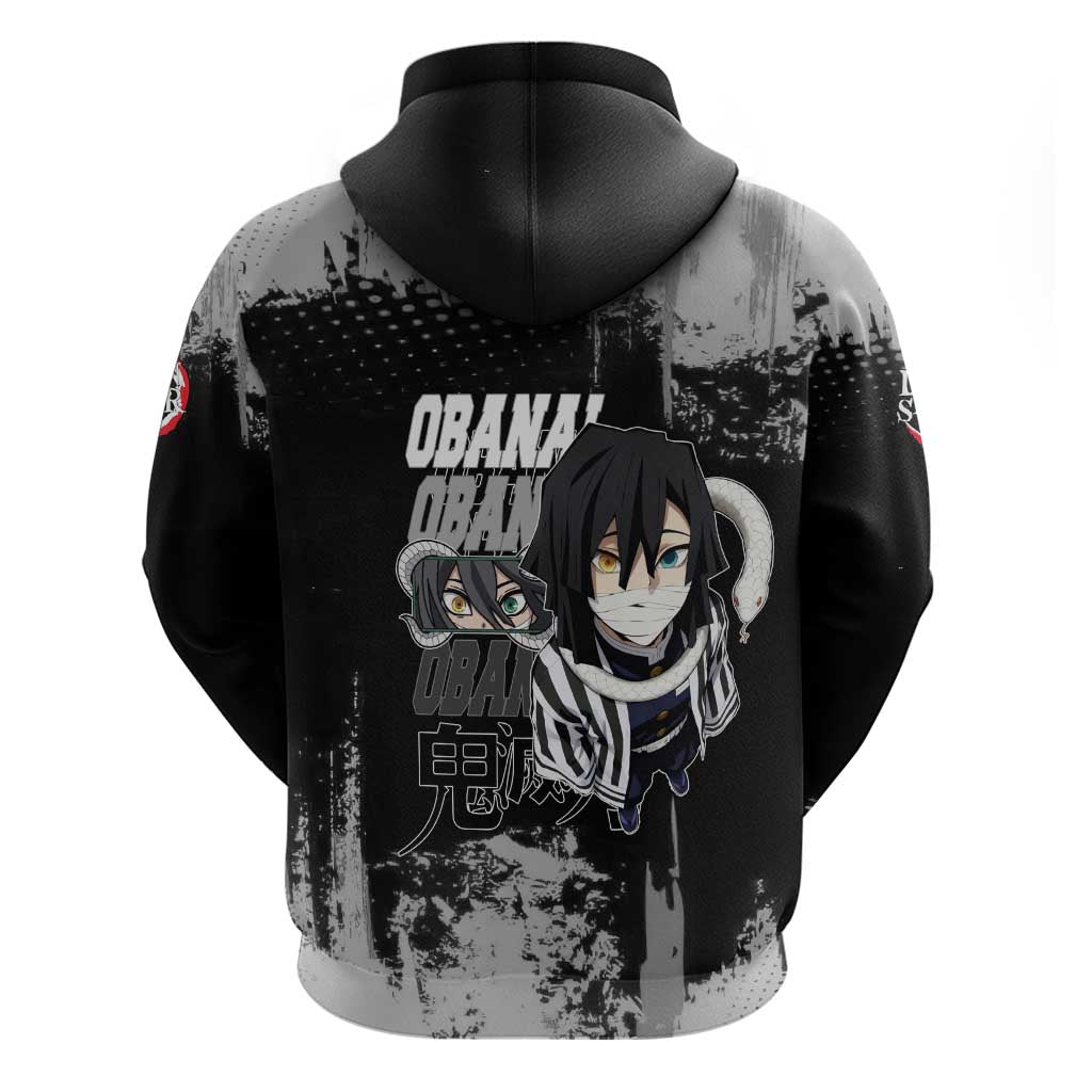 Obanai Iguro Demon Slayer Monochrome Zip Hoodie Design with Snake and Grunge Texture - The Mazicc