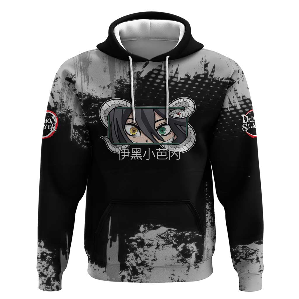 Obanai Iguro Demon Slayer Monochrome Zip Hoodie Design with Snake and Grunge Texture - The Mazicc