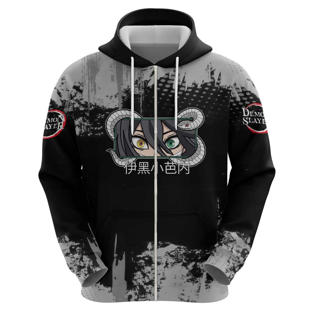 Obanai Iguro Demon Slayer Monochrome Zip Hoodie Design with Snake and Grunge Texture - The Mazicc