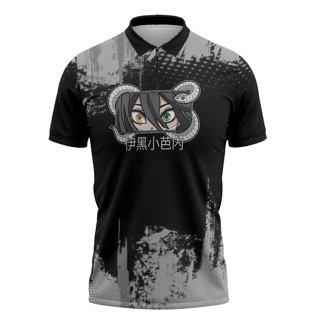 Obanai Iguro Demon Slayer Monochrome Zipper Polo Shirt Design with Snake and Grunge Texture - The Mazicc
