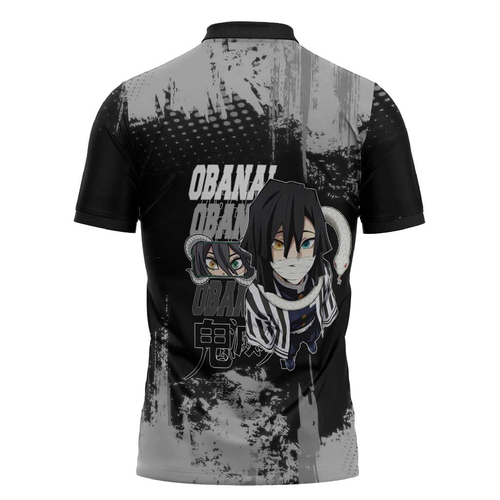 Obanai Iguro Demon Slayer Monochrome Zipper Polo Shirt Design with Snake and Grunge Texture - The Mazicc