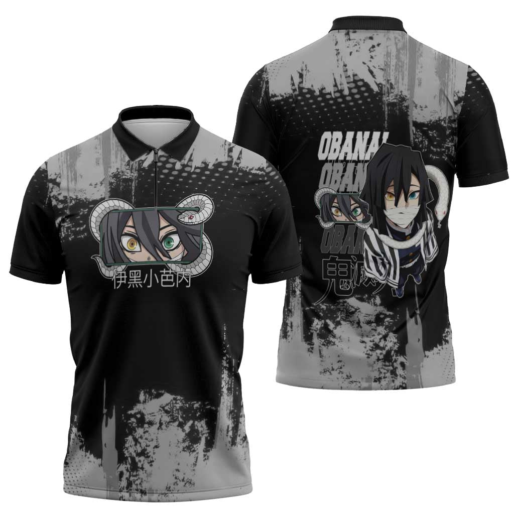 Obanai Iguro Demon Slayer Monochrome Zipper Polo Shirt Design with Snake and Grunge Texture - The Mazicc