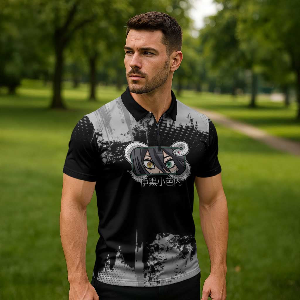 Obanai Iguro Demon Slayer Monochrome Zipper Polo Shirt Design with Snake and Grunge Texture - The Mazicc