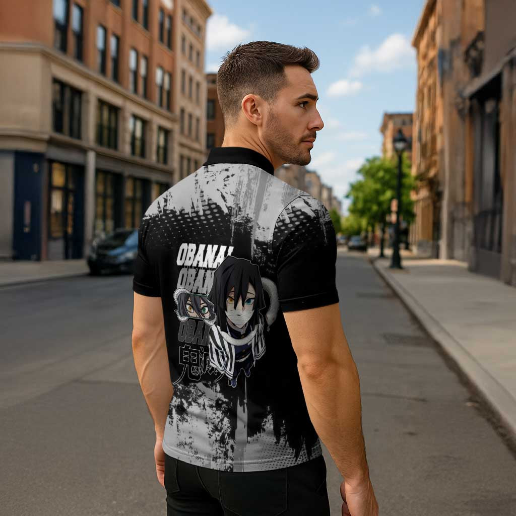 Obanai Iguro Demon Slayer Monochrome Zipper Polo Shirt Design with Snake and Grunge Texture - The Mazicc