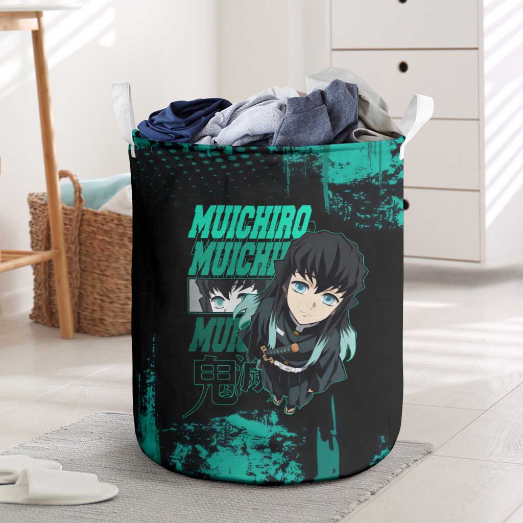 Muichiro Tokito Demon Slayer Green and Black Grunge Style Laundry Basket with Mist Hashira Eyes and Bold Typography - The Mazicc