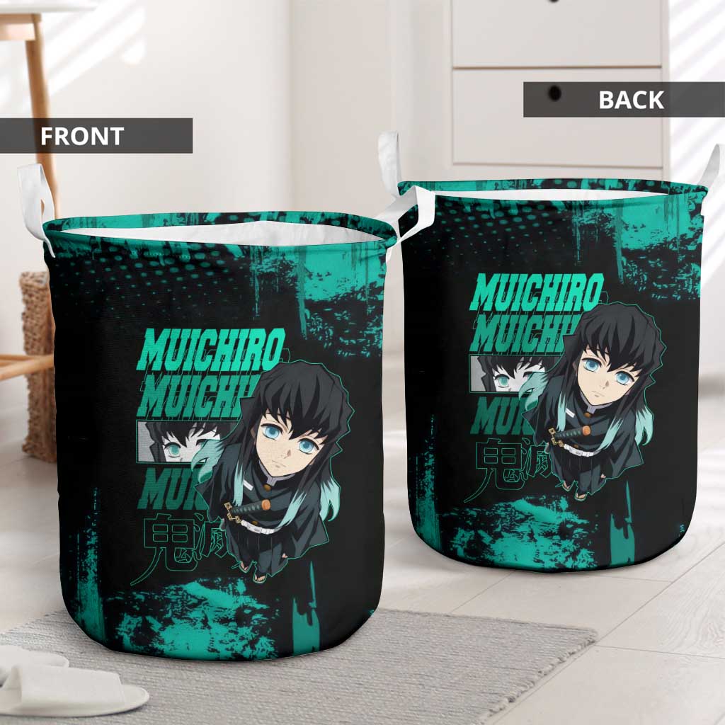 Muichiro Tokito Demon Slayer Green and Black Grunge Style Laundry Basket with Mist Hashira Eyes and Bold Typography - The Mazicc