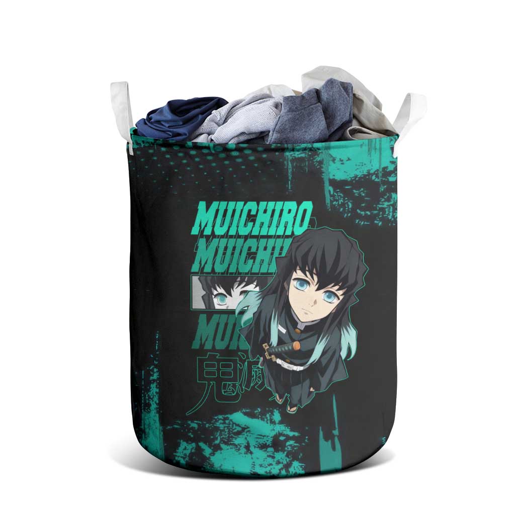 Muichiro Tokito Demon Slayer Green and Black Grunge Style Laundry Basket with Mist Hashira Eyes and Bold Typography - The Mazicc