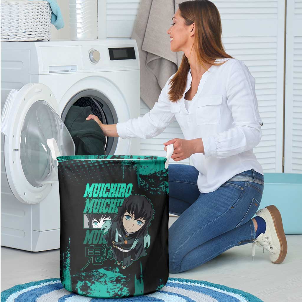 Muichiro Tokito Demon Slayer Green and Black Grunge Style Laundry Basket with Mist Hashira Eyes and Bold Typography - The Mazicc