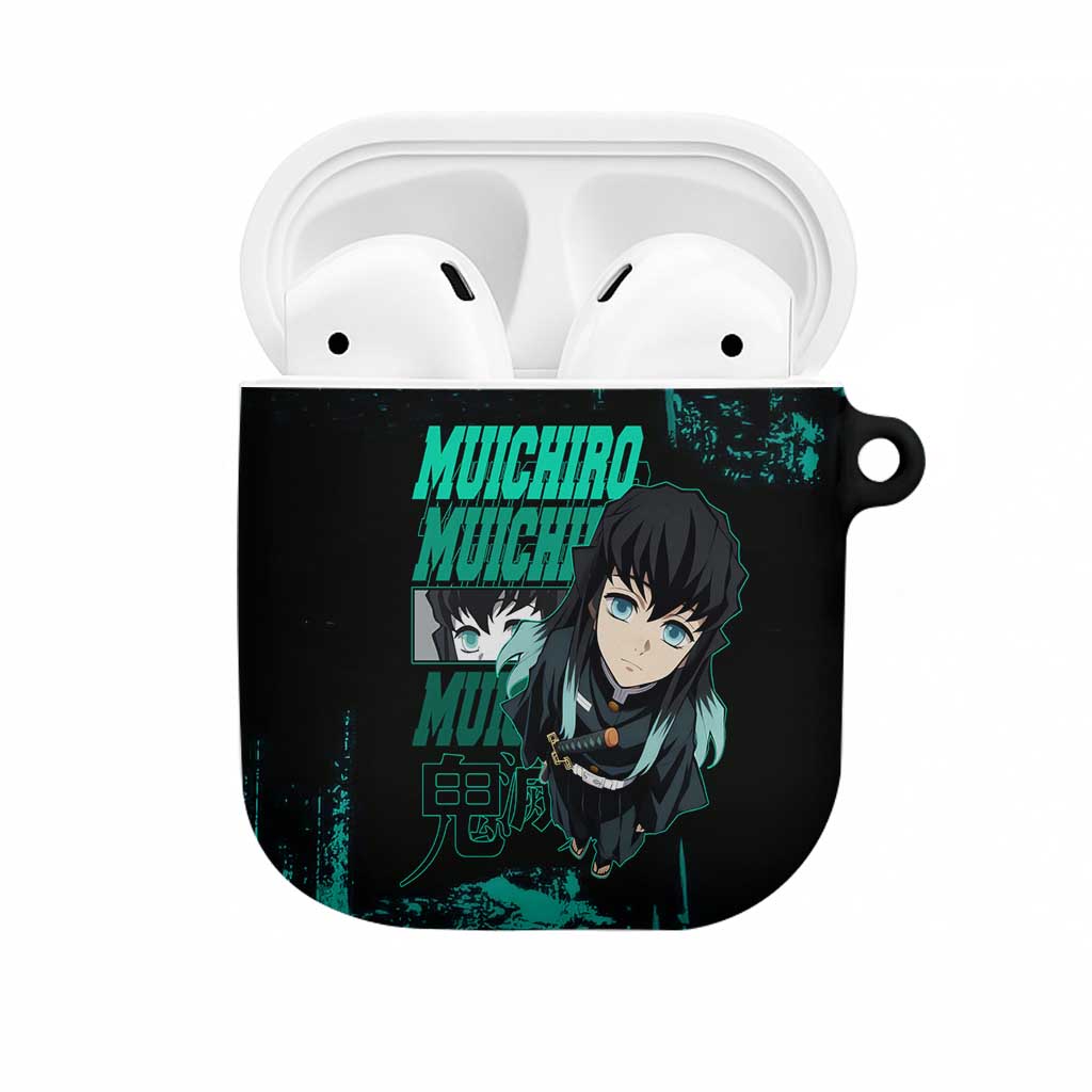 Muichiro Tokito Demon Slayer Green and Black Grunge Style AirPods Case with Mist Hashira Eyes and Bold Typography - The Mazicc