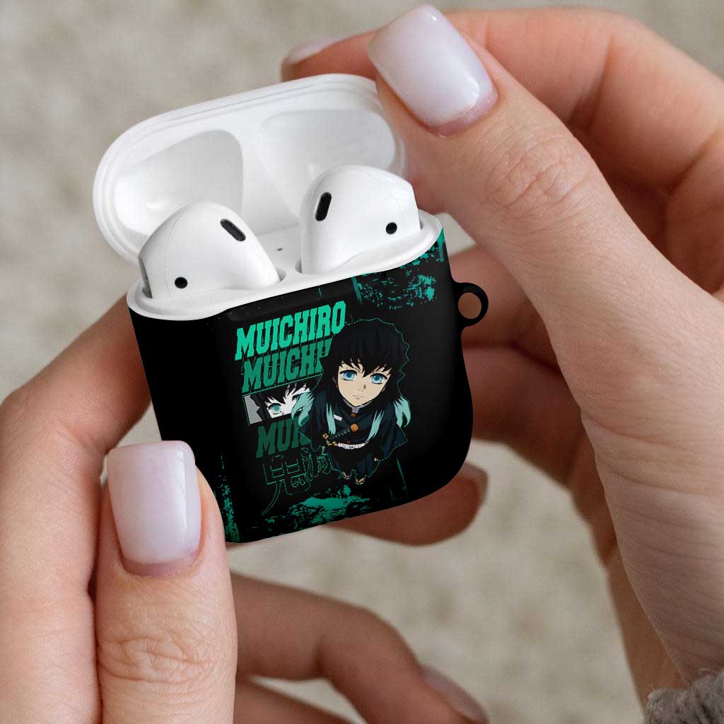 Muichiro Tokito Demon Slayer Green and Black Grunge Style AirPods Case with Mist Hashira Eyes and Bold Typography - The Mazicc