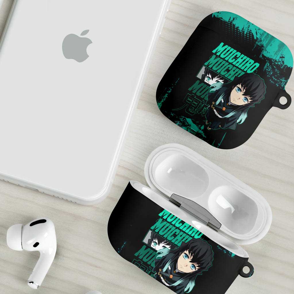 Muichiro Tokito Demon Slayer Green and Black Grunge Style AirPods Case with Mist Hashira Eyes and Bold Typography - The Mazicc