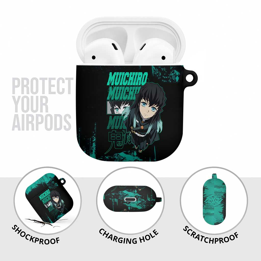 Muichiro Tokito Demon Slayer Green and Black Grunge Style AirPods Case with Mist Hashira Eyes and Bold Typography - The Mazicc