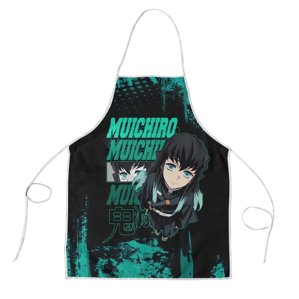 Muichiro Tokito Demon Slayer Green and Black Grunge Style Apron with Mist Hashira Eyes and Bold Typography - The Mazicc