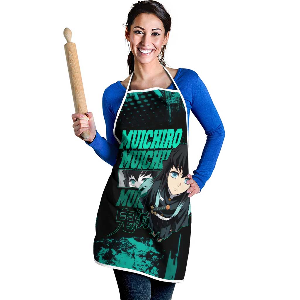 Muichiro Tokito Demon Slayer Green and Black Grunge Style Apron with Mist Hashira Eyes and Bold Typography - The Mazicc