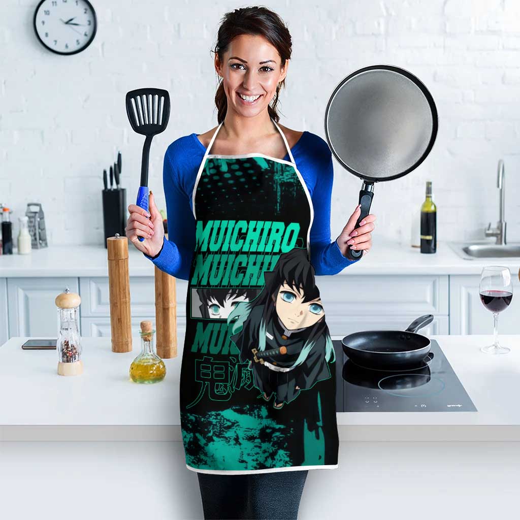 Muichiro Tokito Demon Slayer Green and Black Grunge Style Apron with Mist Hashira Eyes and Bold Typography - The Mazicc