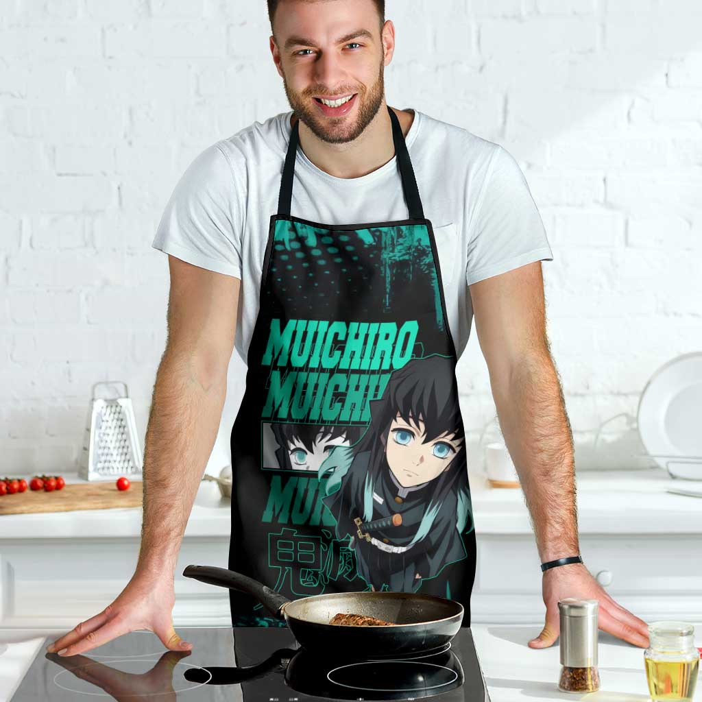 Muichiro Tokito Demon Slayer Green and Black Grunge Style Apron with Mist Hashira Eyes and Bold Typography - The Mazicc