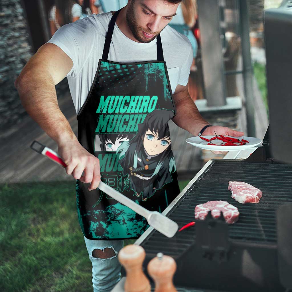 Muichiro Tokito Demon Slayer Green and Black Grunge Style Apron with Mist Hashira Eyes and Bold Typography - The Mazicc