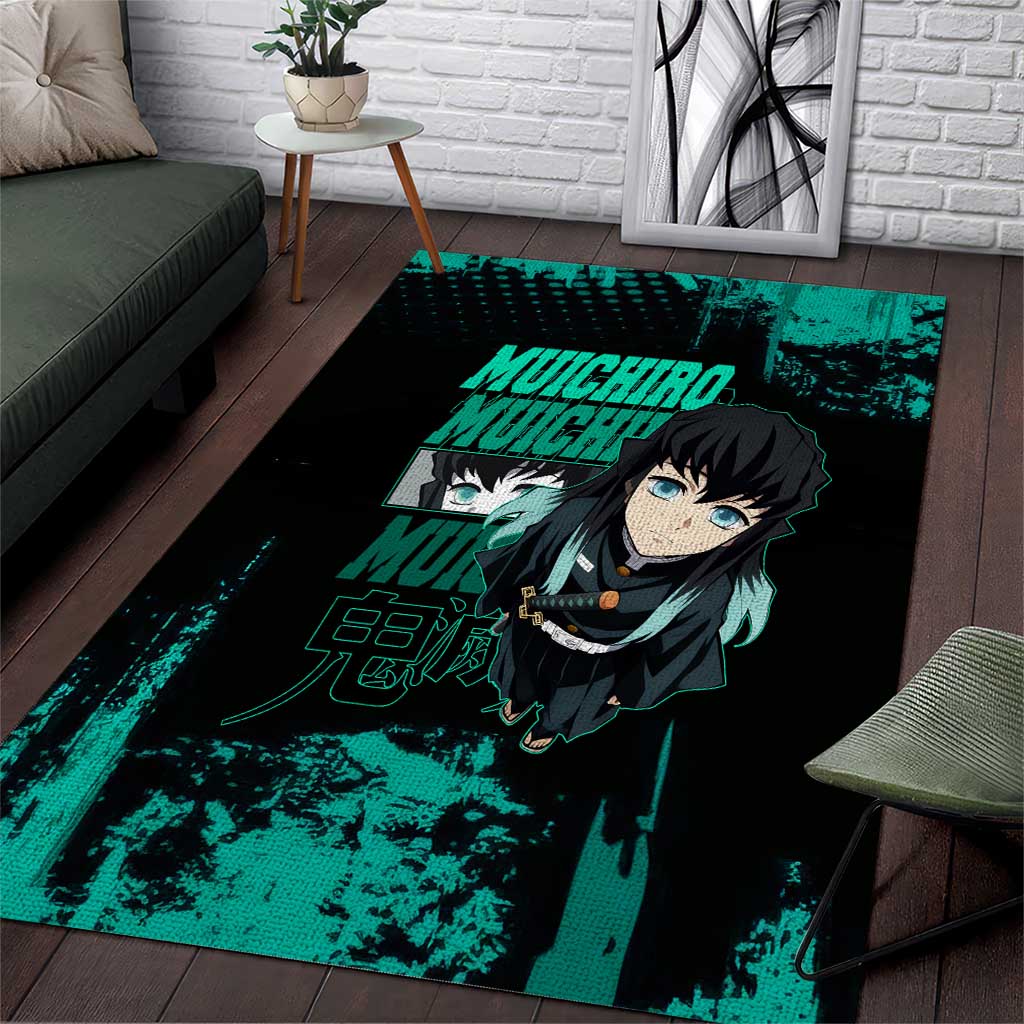 Muichiro Tokito Demon Slayer Green and Black Grunge Style Area Rug with Mist Hashira Eyes and Bold Typography - The Mazicc