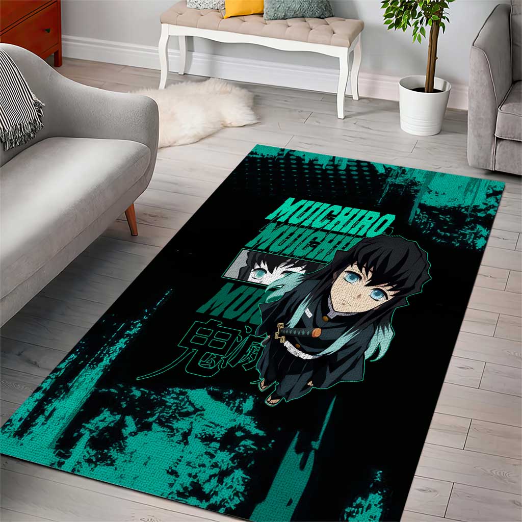 Muichiro Tokito Demon Slayer Green and Black Grunge Style Area Rug with Mist Hashira Eyes and Bold Typography - The Mazicc