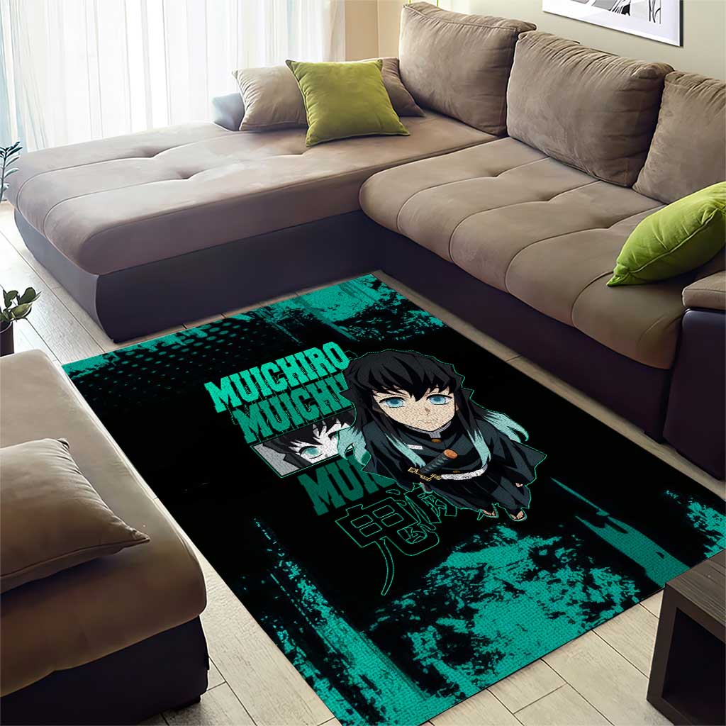 Muichiro Tokito Demon Slayer Green and Black Grunge Style Area Rug with Mist Hashira Eyes and Bold Typography - The Mazicc