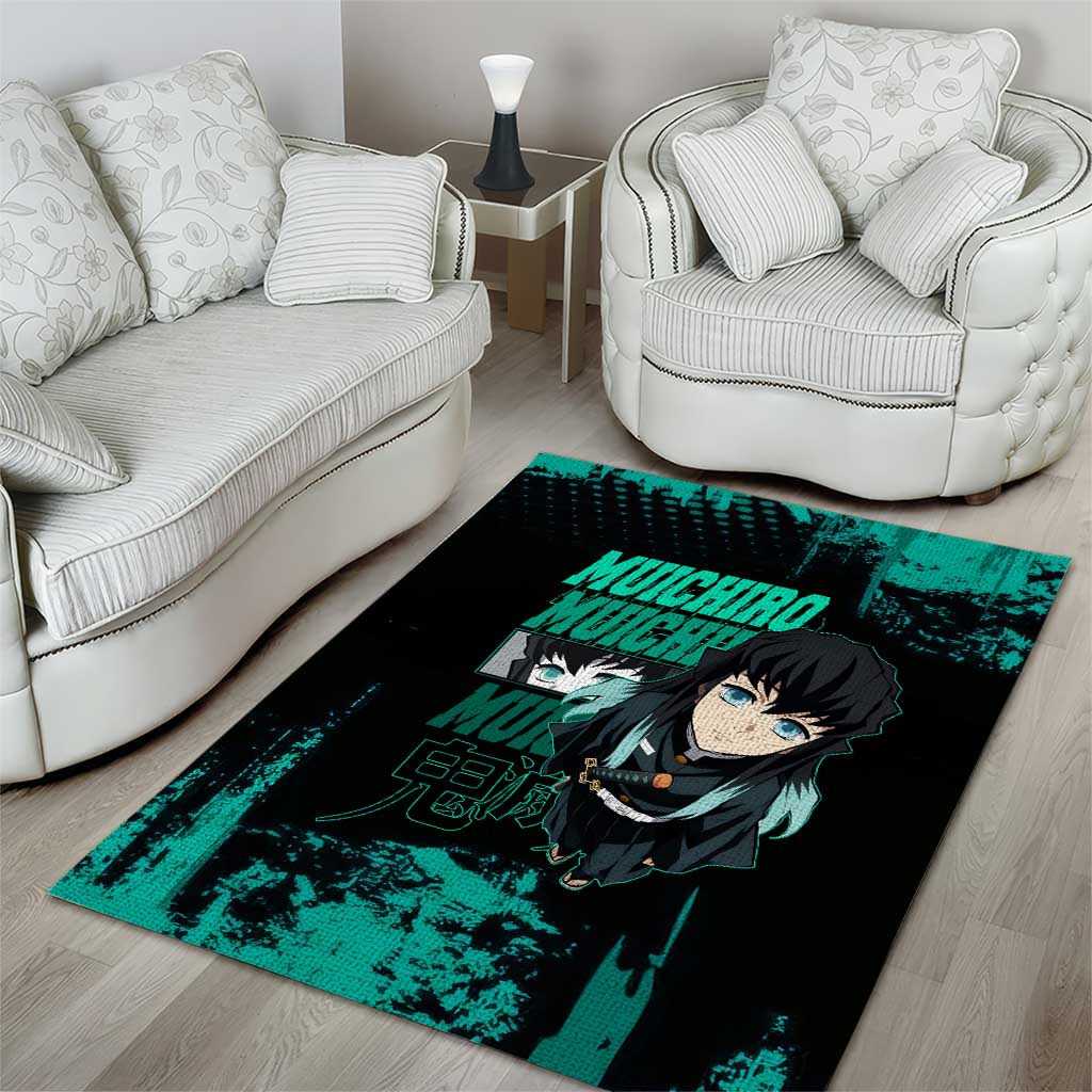 Muichiro Tokito Demon Slayer Green and Black Grunge Style Area Rug with Mist Hashira Eyes and Bold Typography - The Mazicc