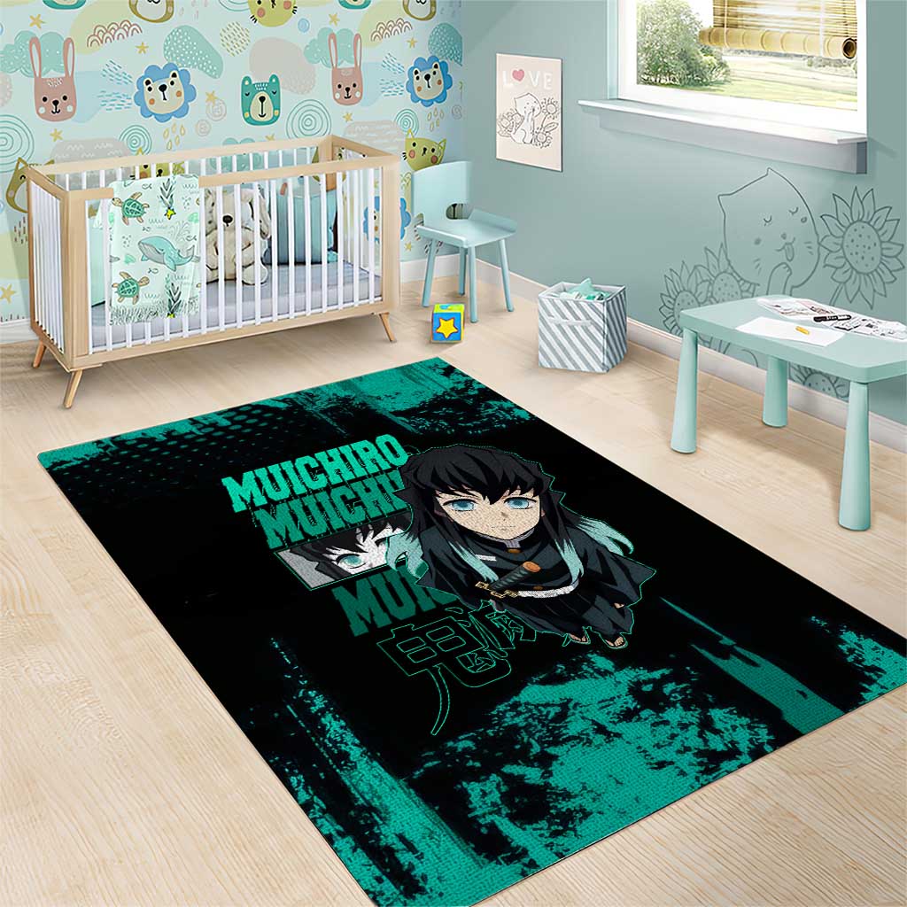 Muichiro Tokito Demon Slayer Green and Black Grunge Style Area Rug with Mist Hashira Eyes and Bold Typography - The Mazicc