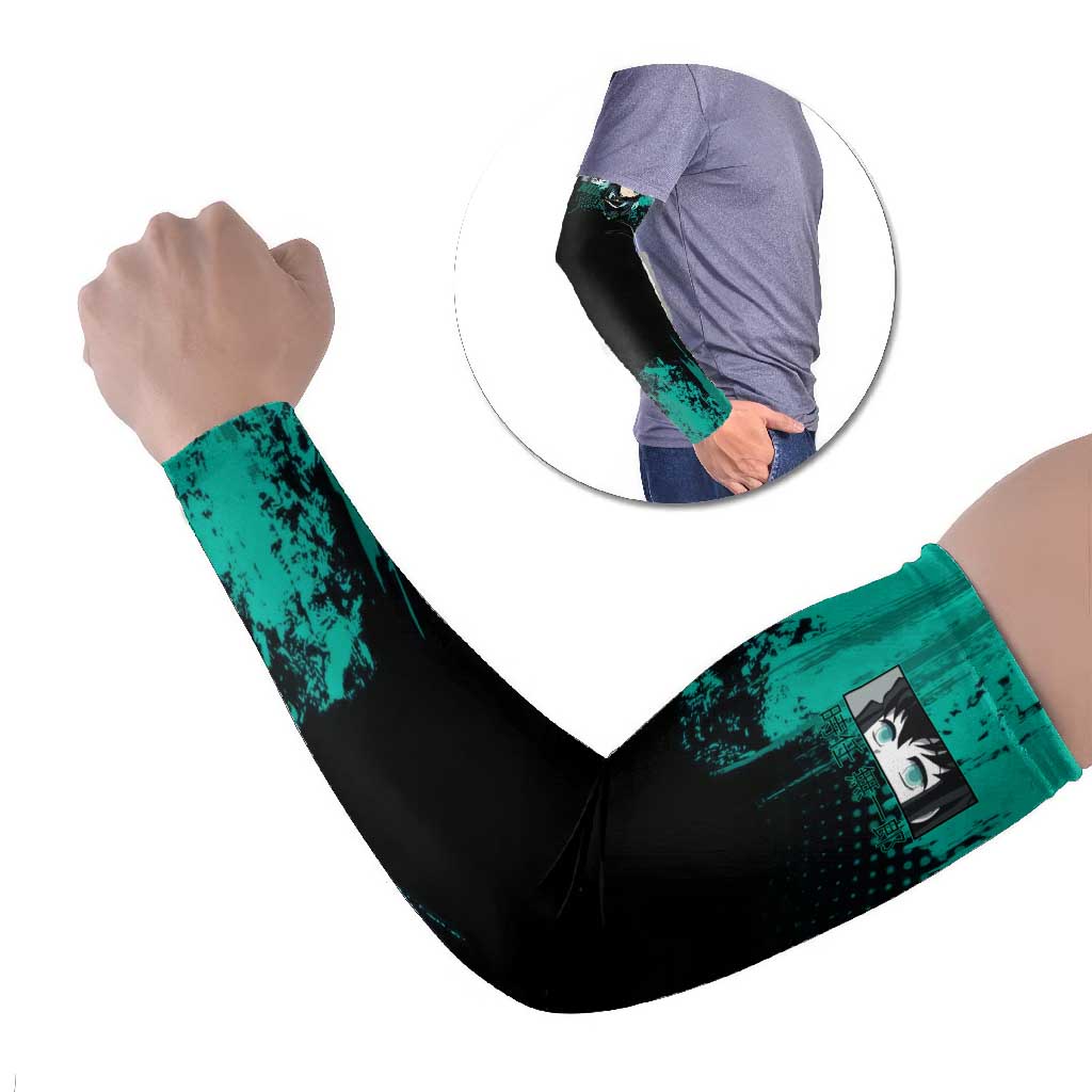 Muichiro Tokito Demon Slayer Green and Black Grunge Style Arm Sleeves with Mist Hashira Eyes and Bold Typography - The Mazicc