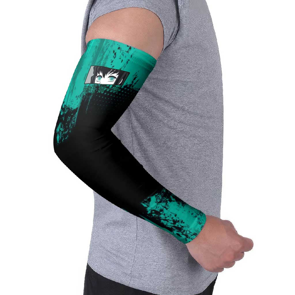 Muichiro Tokito Demon Slayer Green and Black Grunge Style Arm Sleeves with Mist Hashira Eyes and Bold Typography - The Mazicc