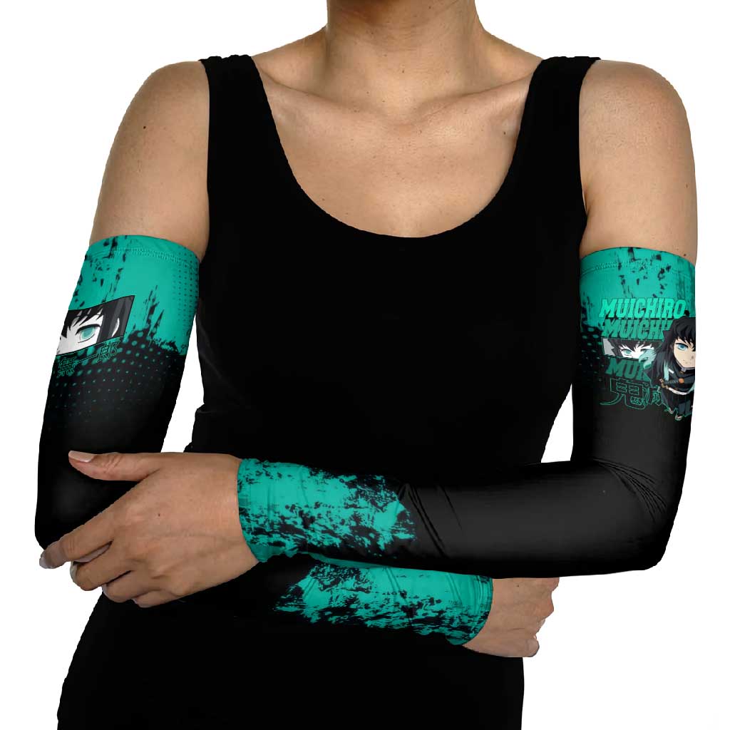Muichiro Tokito Demon Slayer Green and Black Grunge Style Arm Sleeves with Mist Hashira Eyes and Bold Typography - The Mazicc