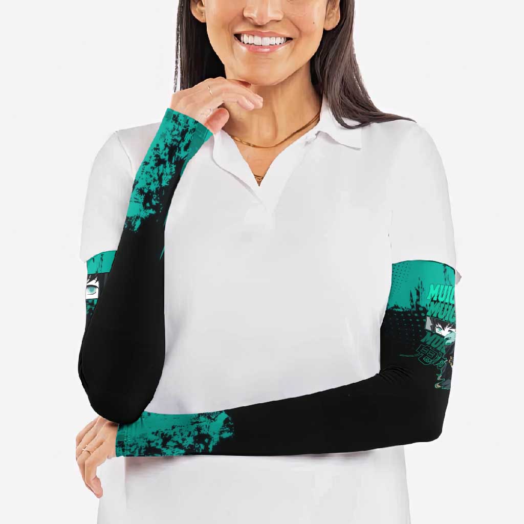 Muichiro Tokito Demon Slayer Green and Black Grunge Style Arm Sleeves with Mist Hashira Eyes and Bold Typography - The Mazicc