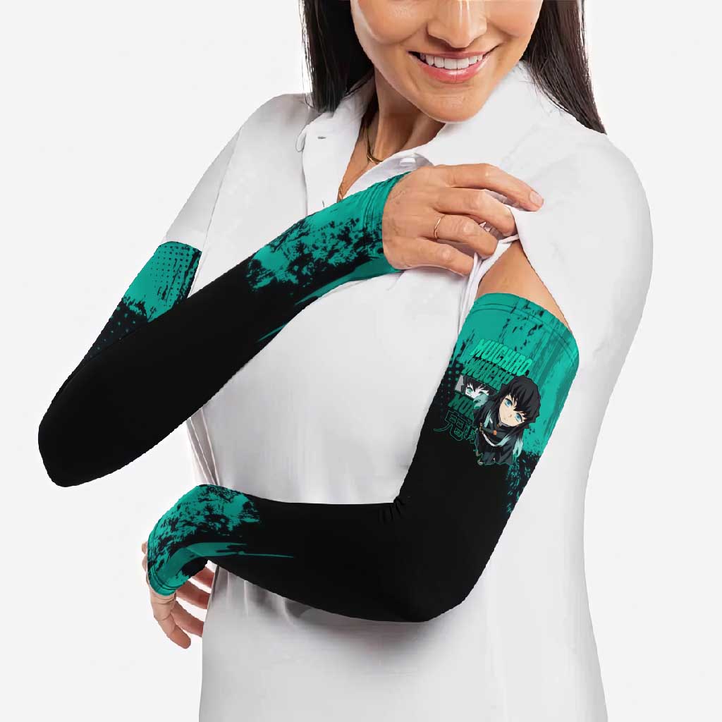 Muichiro Tokito Demon Slayer Green and Black Grunge Style Arm Sleeves with Mist Hashira Eyes and Bold Typography - The Mazicc