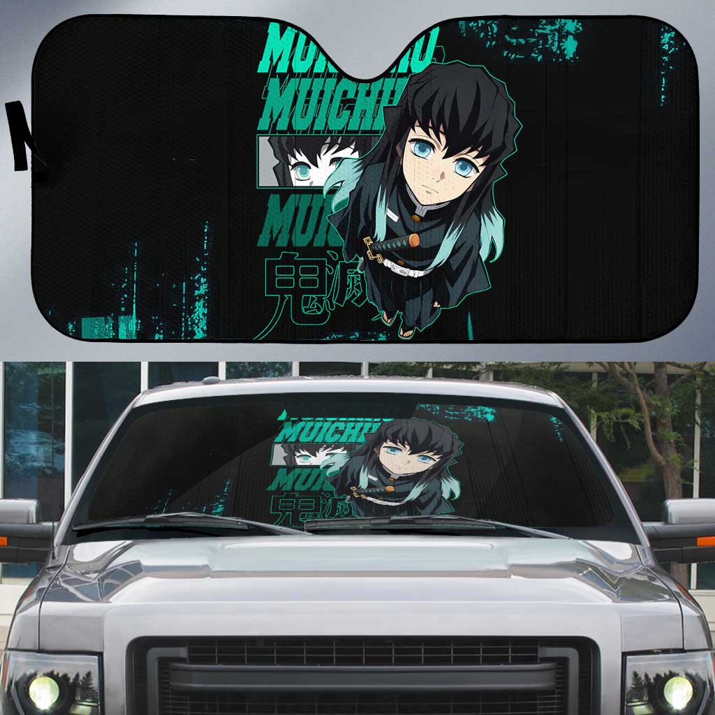 Muichiro Tokito Demon Slayer Green and Black Grunge Style Auto Sun Shade with Mist Hashira Eyes and Bold Typography - The Mazicc