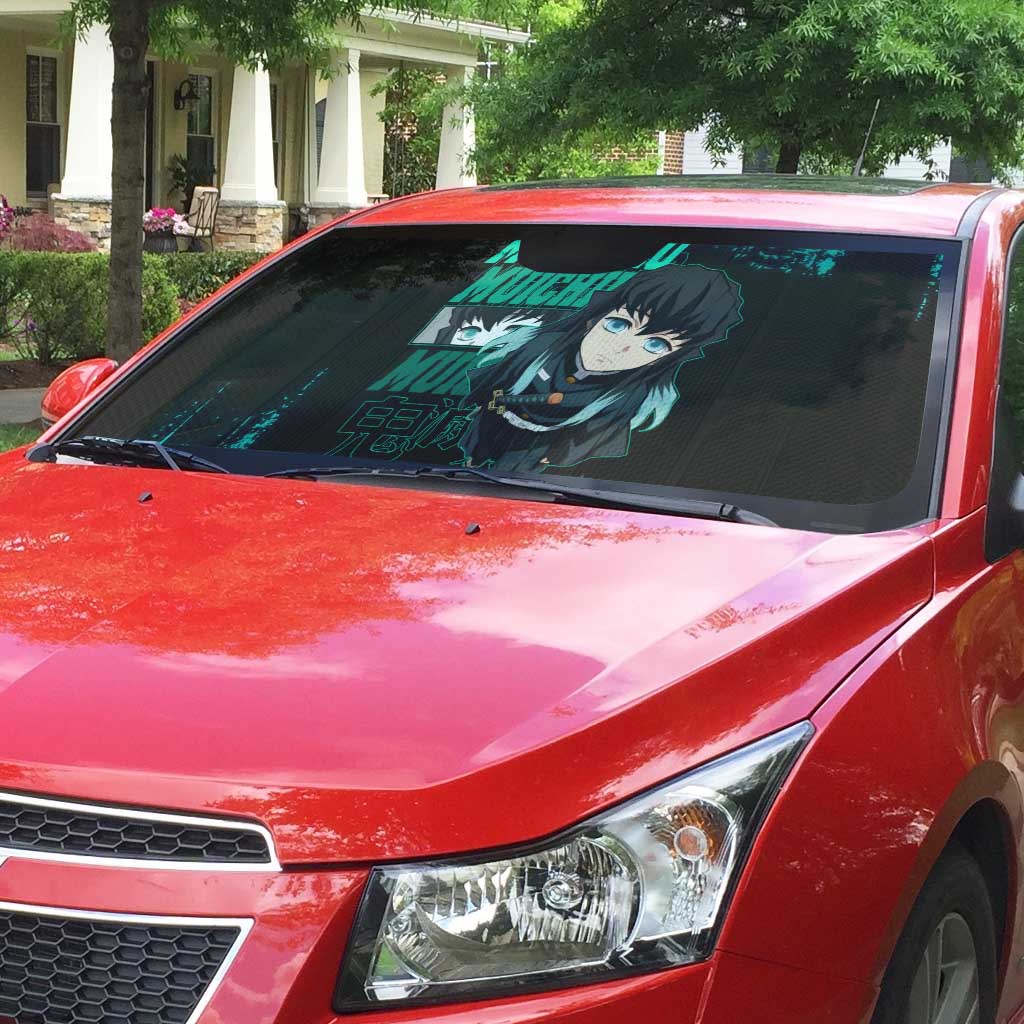 Muichiro Tokito Demon Slayer Green and Black Grunge Style Auto Sun Shade with Mist Hashira Eyes and Bold Typography - The Mazicc