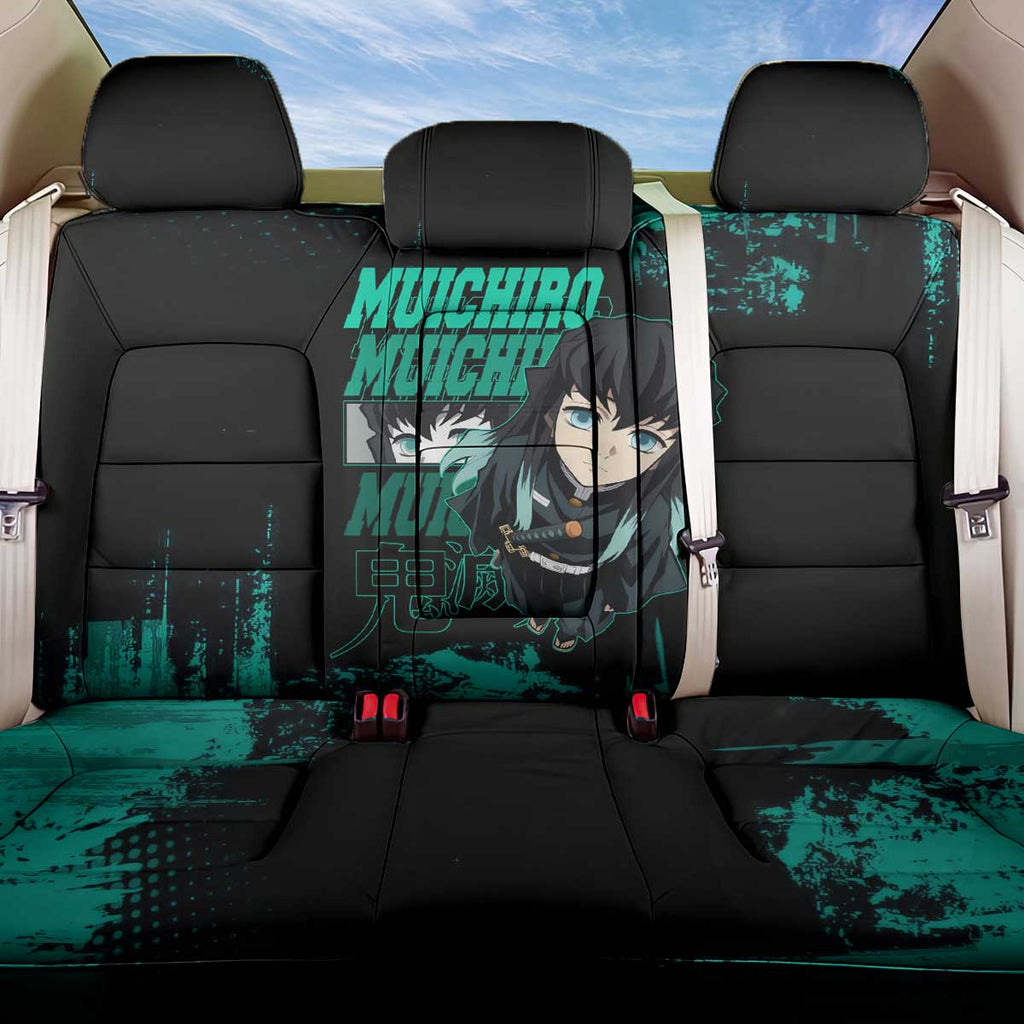 Muichiro Tokito Demon Slayer Green and Black Grunge Style Back Car Seat Cover with Mist Hashira Eyes and Bold Typography - The Mazicc