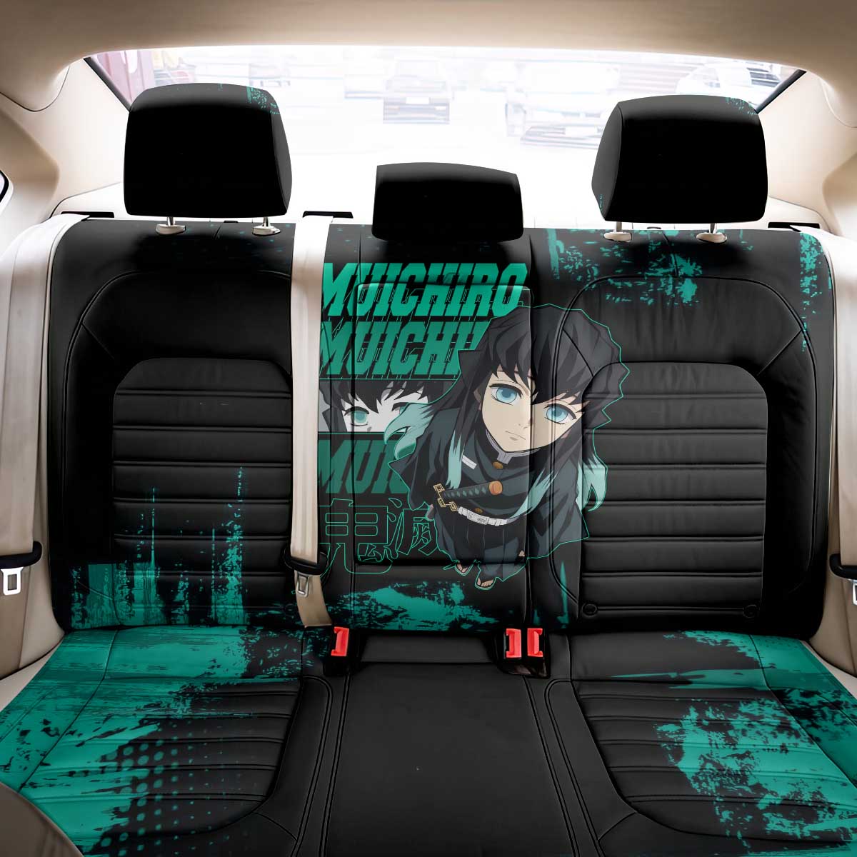 Muichiro Tokito Demon Slayer Green and Black Grunge Style Back Car Seat Cover with Mist Hashira Eyes and Bold Typography - The Mazicc