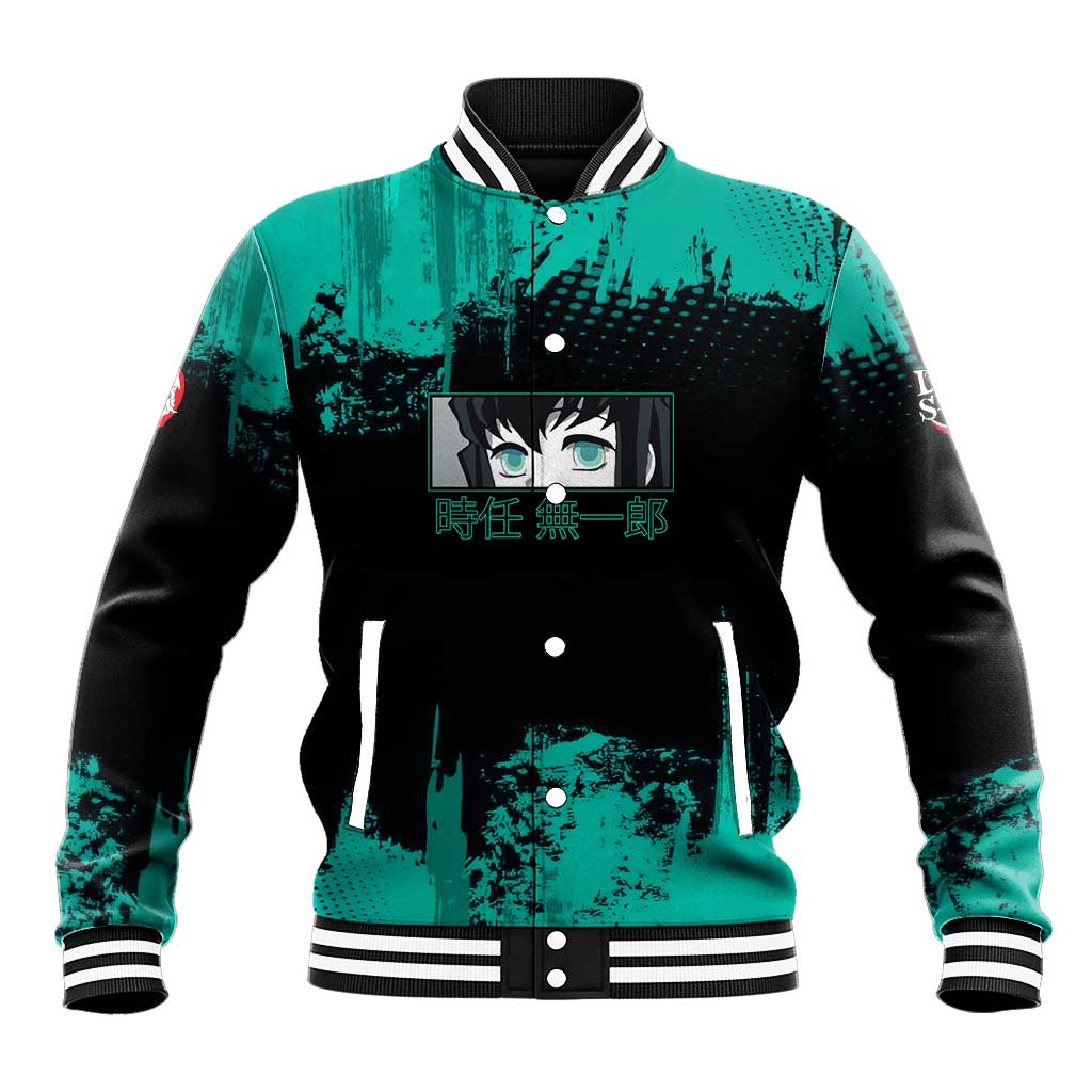 Muichiro Tokito Demon Slayer Green and Black Grunge Style Baseball Jacket with Mist Hashira Eyes and Bold Typography - The Mazicc