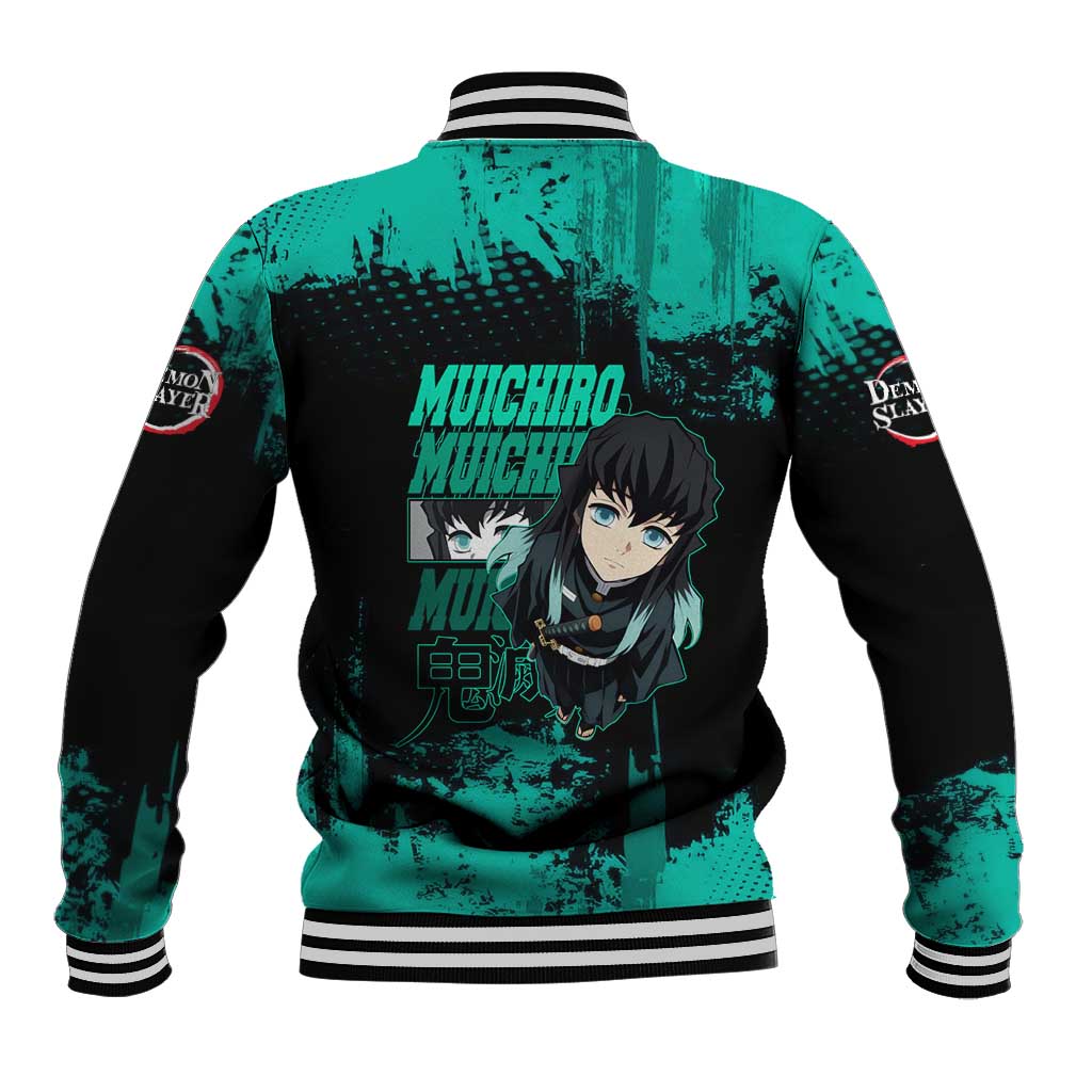 Muichiro Tokito Demon Slayer Green and Black Grunge Style Baseball Jacket with Mist Hashira Eyes and Bold Typography - The Mazicc