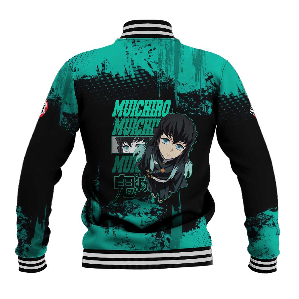 Muichiro Tokito Demon Slayer Green and Black Grunge Style Baseball Jacket with Mist Hashira Eyes and Bold Typography - The Mazicc