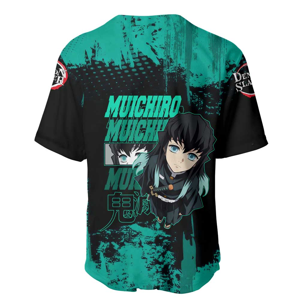 Muichiro Tokito Demon Slayer Green and Black Grunge Style Baseball Jersey with Mist Hashira Eyes and Bold Typography - The Mazicc