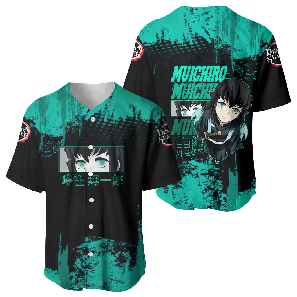 Muichiro Tokito Demon Slayer Green and Black Grunge Style Baseball Jersey with Mist Hashira Eyes and Bold Typography - The Mazicc