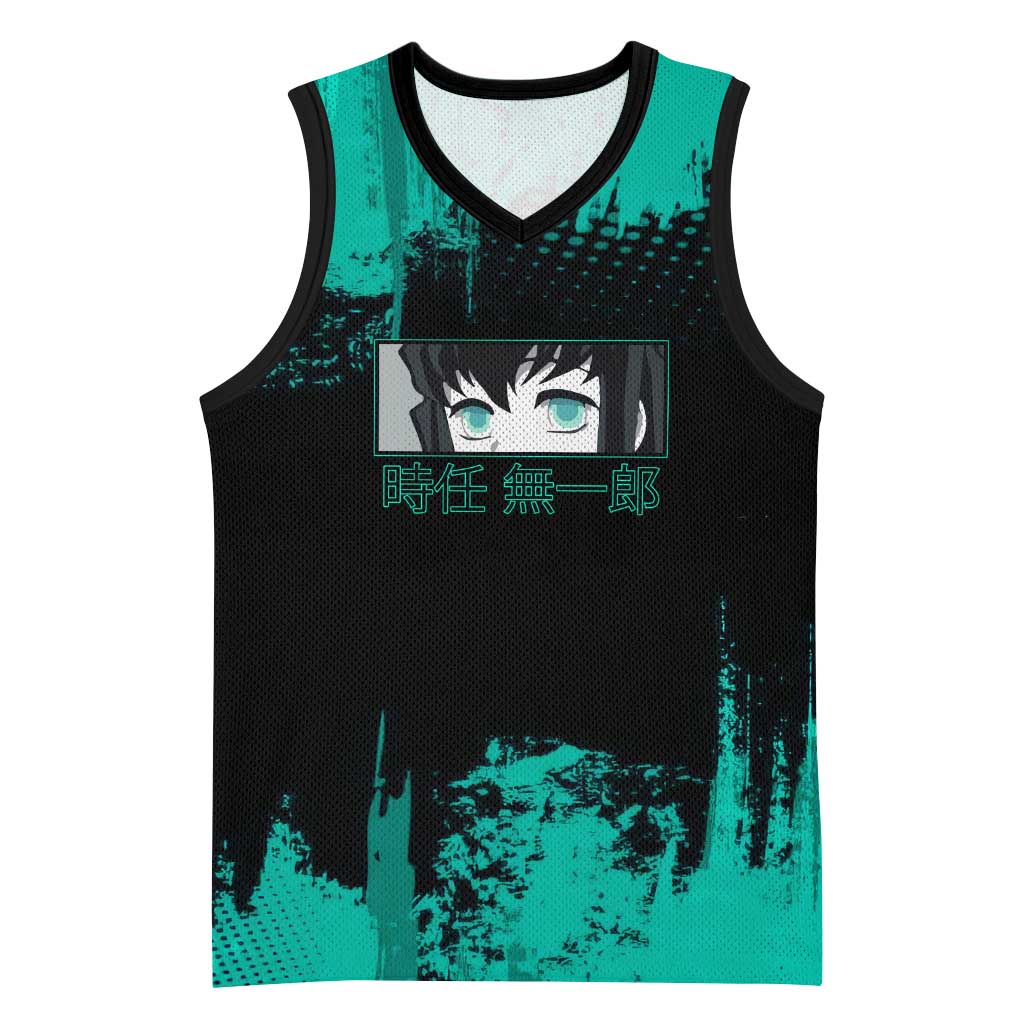 Muichiro Tokito Demon Slayer Green and Black Grunge Style Basketball Jersey with Mist Hashira Eyes and Bold Typography - The Mazicc